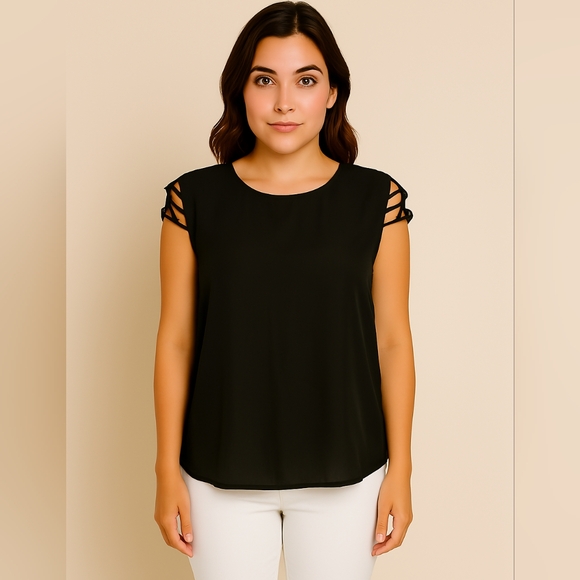 ❗$1 Bundled❗SHEIN Solid Black Semi Sheer Caged Sleeve Blouse - Picture 1 of 5